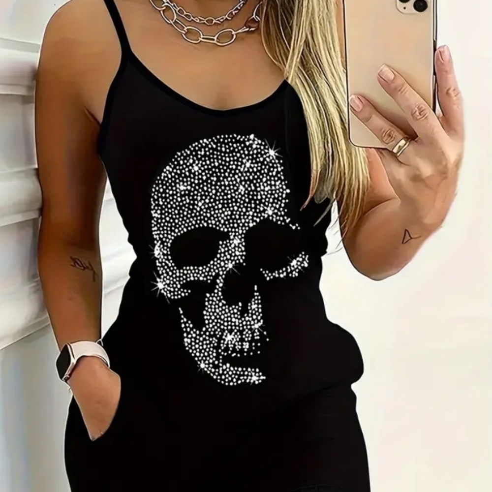 Black Tank Top with Rhinestone Skull Design